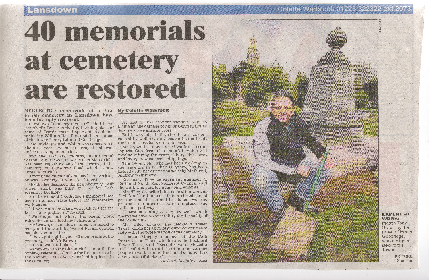 Tony Brown repairs negleted memorial in Lansdown